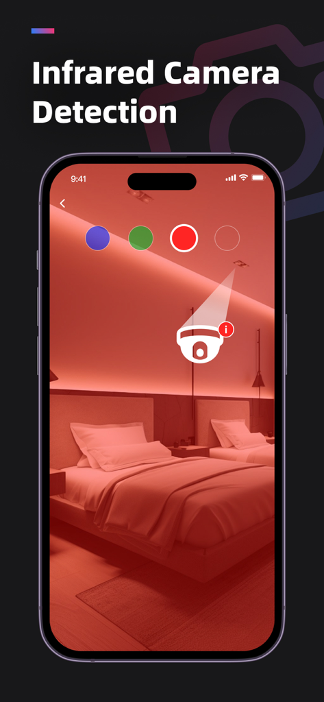Smartphone screen showing the Hidden Camera Detector app's infrared scanning feature in a hotel bedroom to find secret surveillance devices