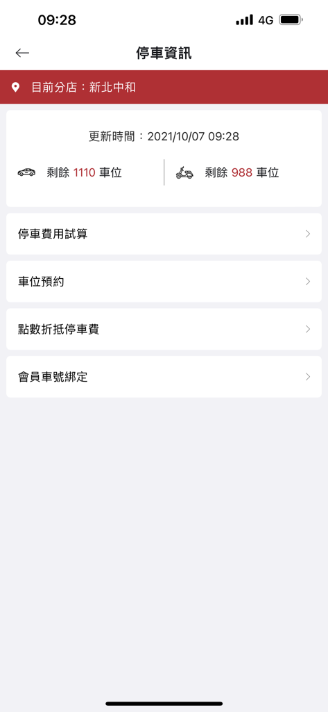 Global Mall  環球購物中心 - Pantalla de información de estacionamiento de la aplicación Global Mall que muestra espacios disponibles para autos y scooters en la sucursal de New Taipei Zhonghe.