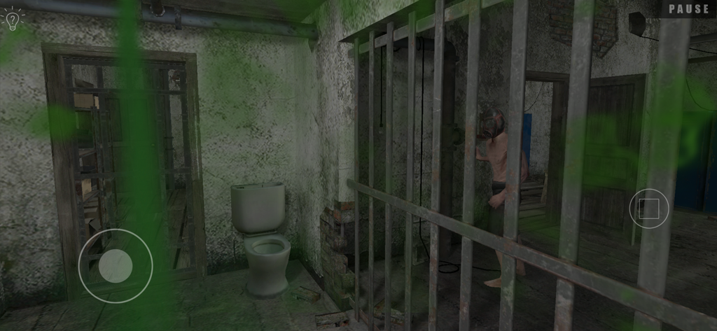 A first person view from a dirty jail cell showing a maniac in a gas mask standing behind bars in a horror game