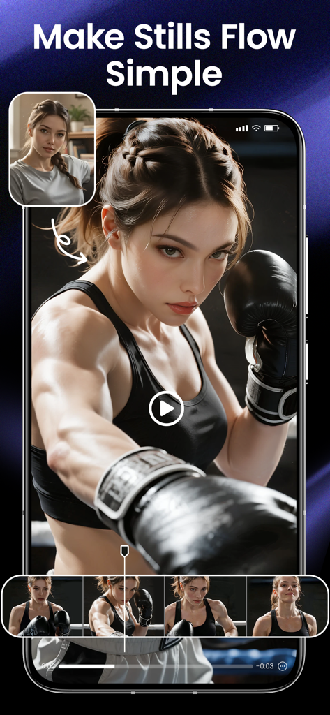 SeaArt: AI Photo & Video Maker - Uma interface de aplicativo móvel mostrando um retrato estático de uma mulher convertido em um vídeo de ação gerado por IA dela lutando boxe.