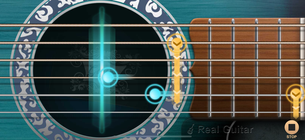 Real Guitar app rhythm game interface with falling musical notes on strings
