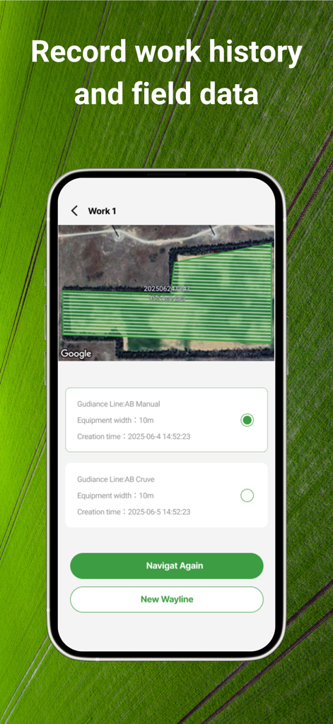 Tractor GPS : Field Navigator - Smartphone displaying field work history and AB guidance lines in the Tractor GPS app