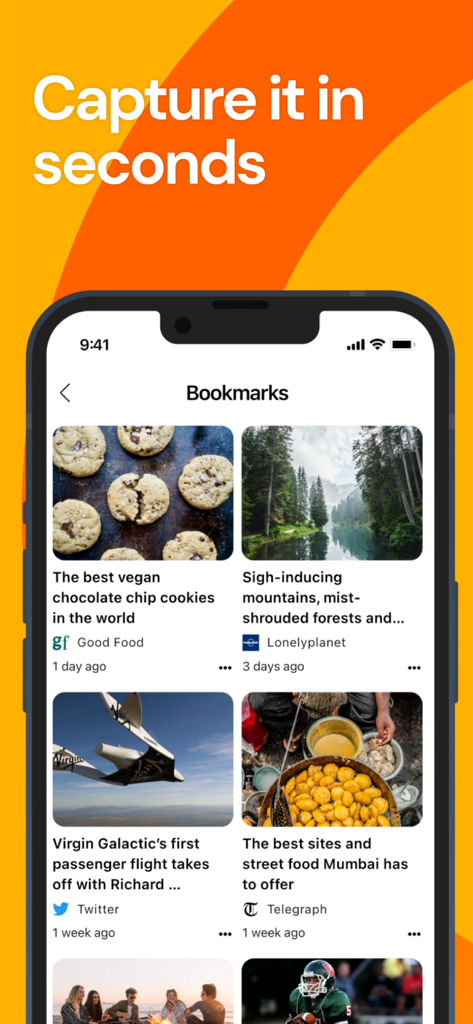 Un écran de smartphone affichant l'interface de l'application Wakelet avec des signets visuels pour des articles et des publications sur les réseaux sociaux