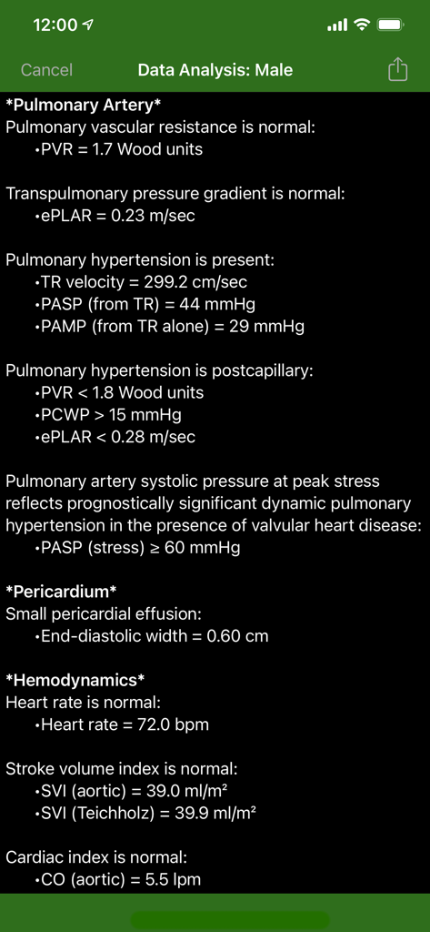 EchoLabアプリインターフェイス、肺および血行動態測定値を含む男性患者の詳細な心臓データ分析レポートを表示