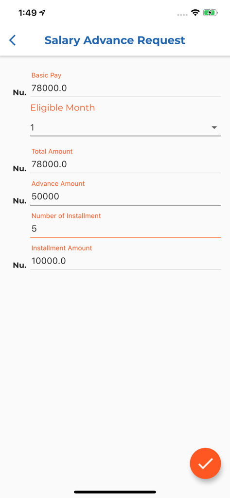 HRstation - HRstation app interface for submitting a salary advance request with fields for total amount and installments.