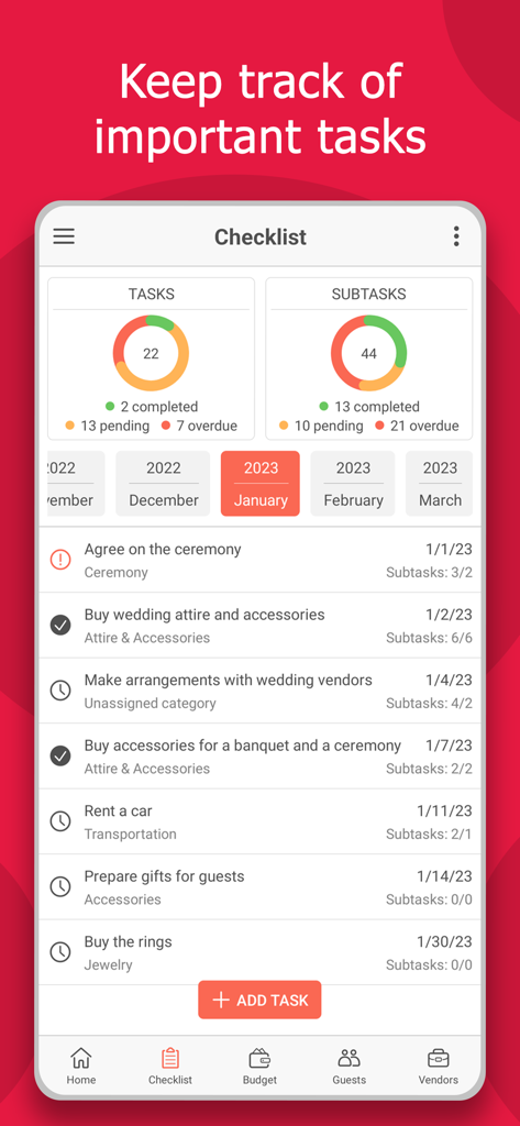 Wedding Planner by MyWed - Mobile app interface of a wedding checklist with task categories and progress charts