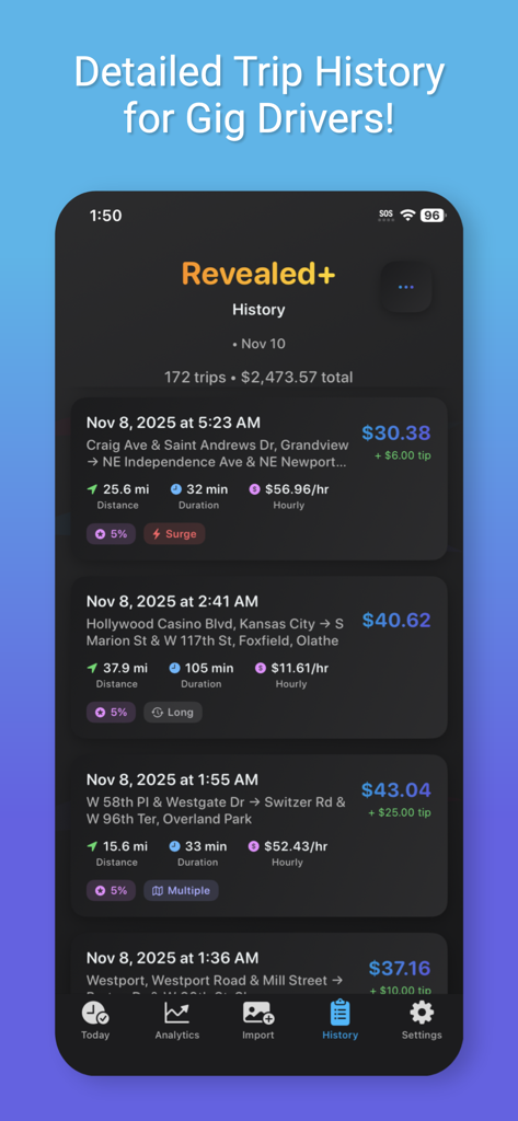 A detailed trip history screen in the Revealed plus app showing a list of rideshare trips with earnings, distance, and duration analytics.