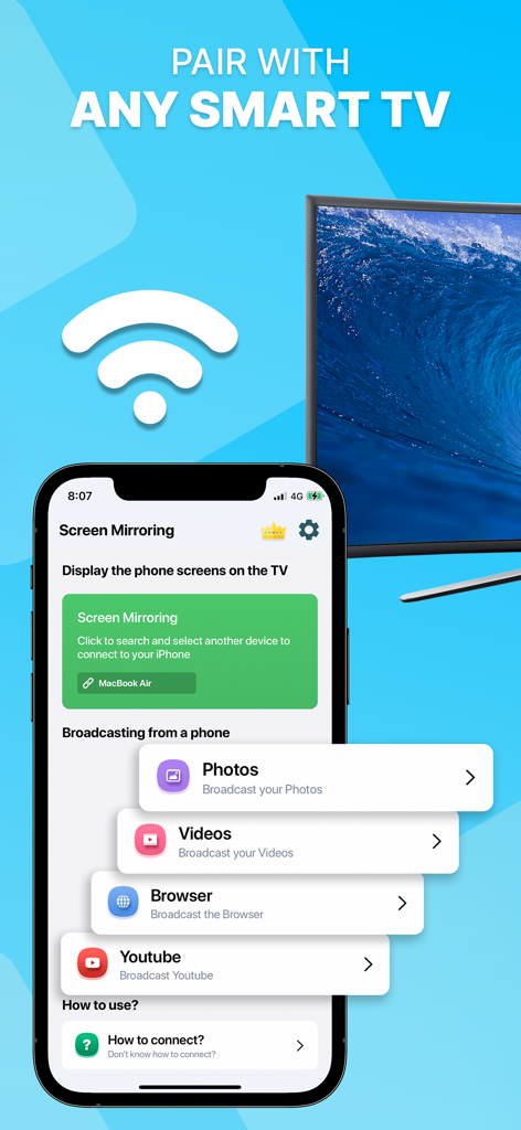 Écran d'iPhone affichant l'interface de l'application TV Cast avec des options pour dupliquer des photos, des vidéos et YouTube sur un Smart TV
