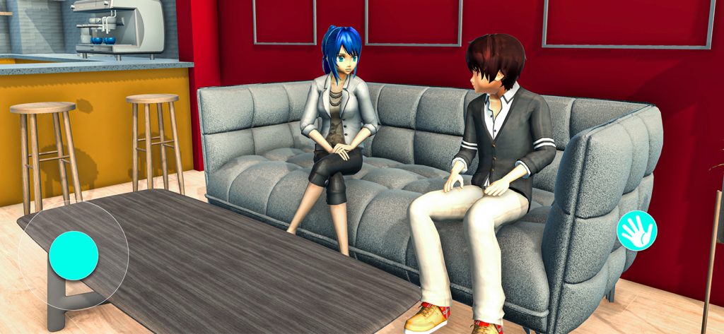 Anime High School Dating Game - Ein Anime-Mädchen mit blauen Haaren und ein Anime-Junge sitzen auf einem grauen Sofa in einem virtuellen Dating-Spiel