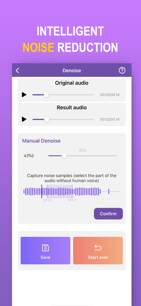 Interface of the MP3 Converter app showing the intelligent noise reduction and audio denoise tools