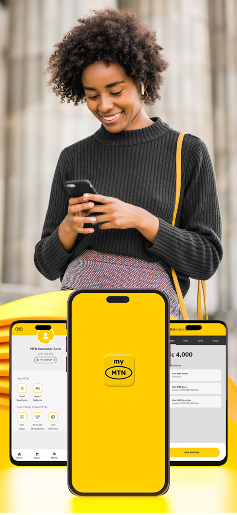 My MTN Ghana - A woman using the My MTN Ghana app with views of the dashboard and balance screens