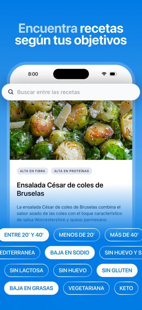 Pulso AI: Nutrición Saludable - Recipe search screen in the Pulso AI app showing dietary filters like keto and gluten free with a healthy Brussels sprouts Caesar salad recipe.