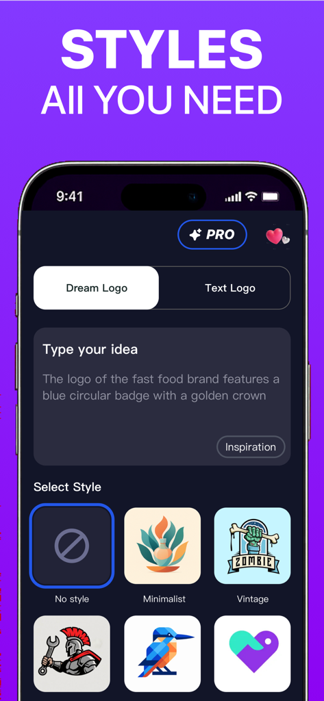 Logo Maker: AI Design Lab - A smartphone screen displaying the style selection menu of an AI logo maker app with options like minimalist and vintage