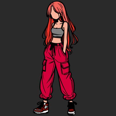 girl in baggy pants crop top and long hair