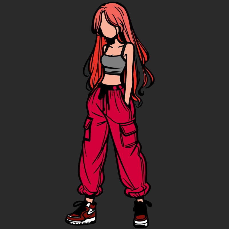 girl in baggy pants crop top and long hair