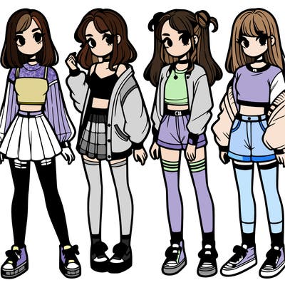 one girl with crop-top shirt and a jacket with a skirt, long socks and another girl with a shirt and pants with a jacket