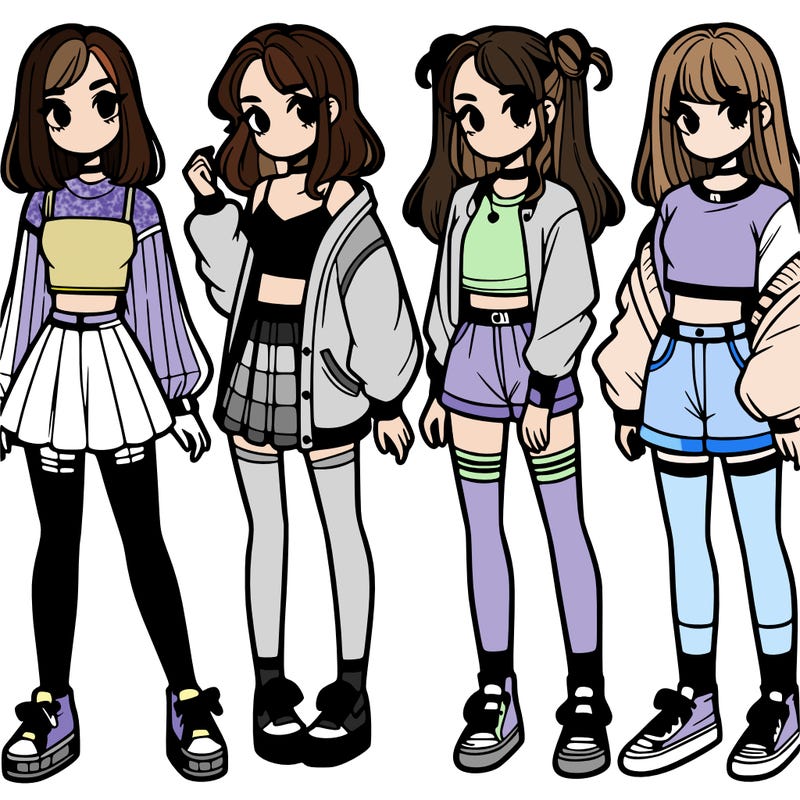 one girl with crop-top shirt and a jacket with a skirt, long socks and another girl with a shirt and pants with a jacket