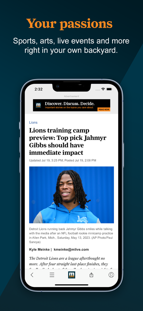 MLive.com - MLive mobile app screen displaying a local sports news article about the Detroit Lions training camp