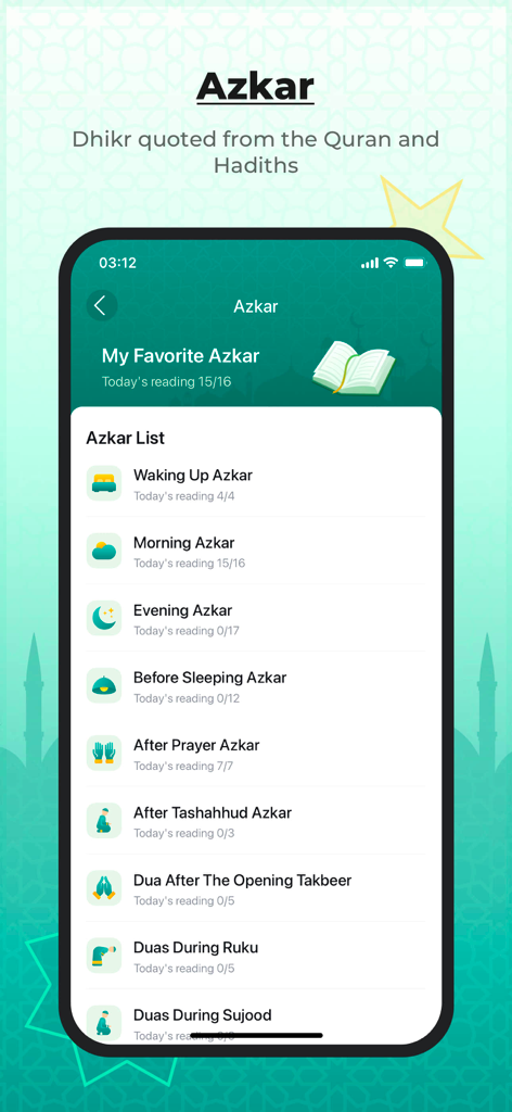 Athan 360: Prayer Times - Athan 360 app interface showing a list of daily Azkar and supplications with progress tracking.