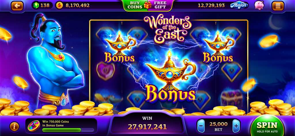 Vegas Quest Slots－Casino Games - Captura de pantalla dentro del juego de Vegas Quest Slots con el tema Wonders of the East y un genio azul con lámparas de bonificación.
