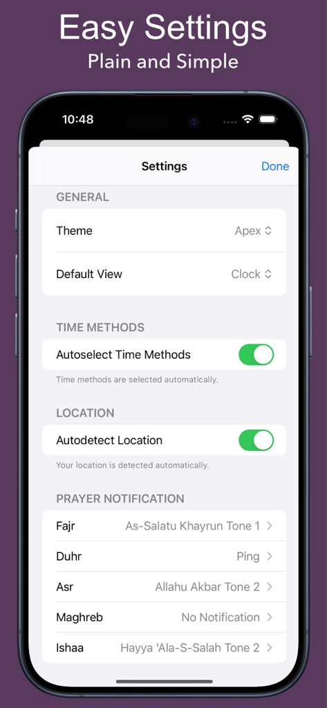 Tela de configurações minimalista do aplicativo Salaty exibindo opções de notificação de oração e localização em um iPhone.