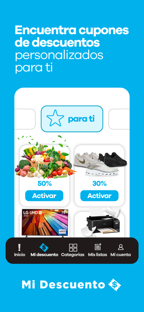 Interface of the éxito app showing personalized discount coupons for groceries, sneakers, and electronics.