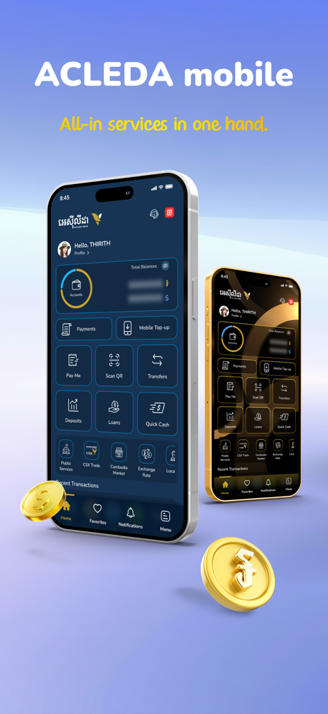 ACLEDA mobile - ACLEDA mobile banking app dashboard displaying financial services on smartphones