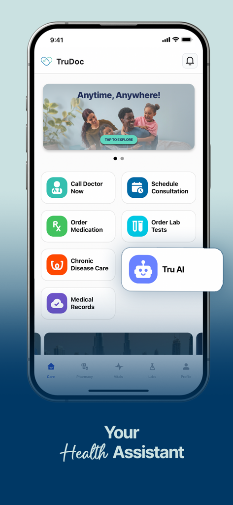 TruDoc mobile app home screen showing services like call a doctor, order medication, and Tru AI health assistant
