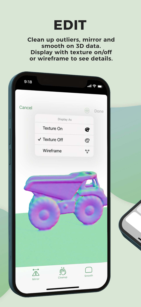 SureScan 3D Scanner, 3D App - SureScan 3D app edit screen showing a 3D scan of a toy truck with options for texture and wireframe display