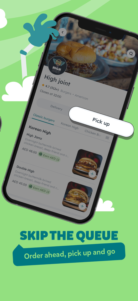 Interface do aplicativo Kitopi exibindo o menu de um restaurante de hambúrgueres e um botão de retirada para pular a fila.