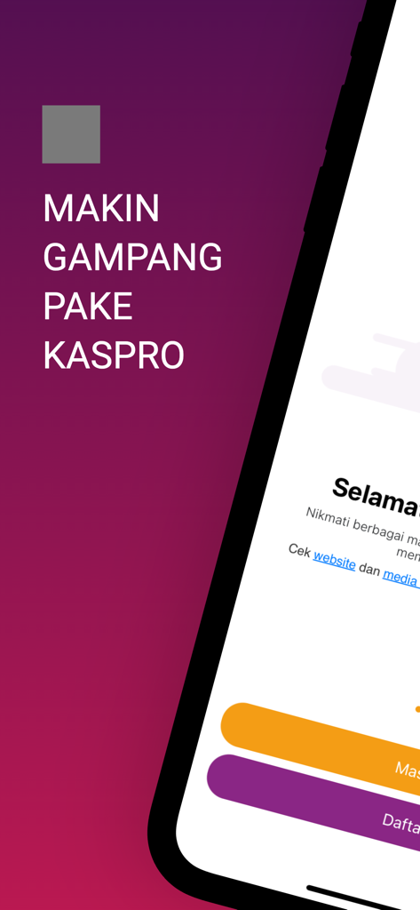 KasPro - Um smartphone exibindo a tela de boas-vindas da carteira digital KasPro com texto de marketing indonésio e opções de login