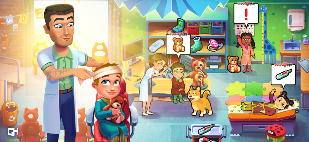 Heart's Medicine Hospital Heat - Escena de juego de Hearts Medicine Hospital Heat mostrando a médicos tratando a niños en una colorida sala de pediatría