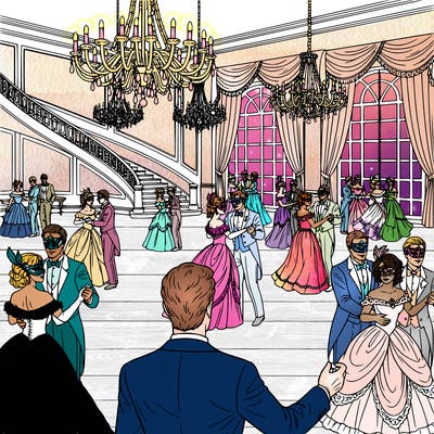 a masquerade ball where guests wear formal attire and decorative masks. couples dance across a large ballroom floor while others stand nearby talking and laughing. a staircase curves down into the room and chandeliers hang overhead. include detailed masks, elegant dresses, tuxedos, gloves, and decorative curtains so there are dramatic details for coloring.