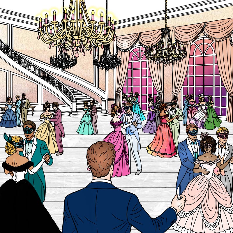 a masquerade ball where guests wear formal attire and decorative masks. couples dance across a large ballroom floor while others stand nearby talking and laughing. a staircase curves down into the room and chandeliers hang overhead. include detailed masks, elegant dresses, tuxedos, gloves, and decorative curtains so there are dramatic details for coloring.