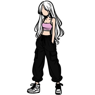 girl in baggy pants crop top and long hair