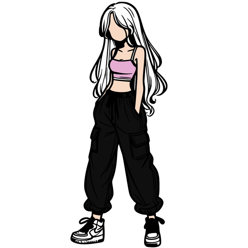 girl in baggy pants crop top and long hair