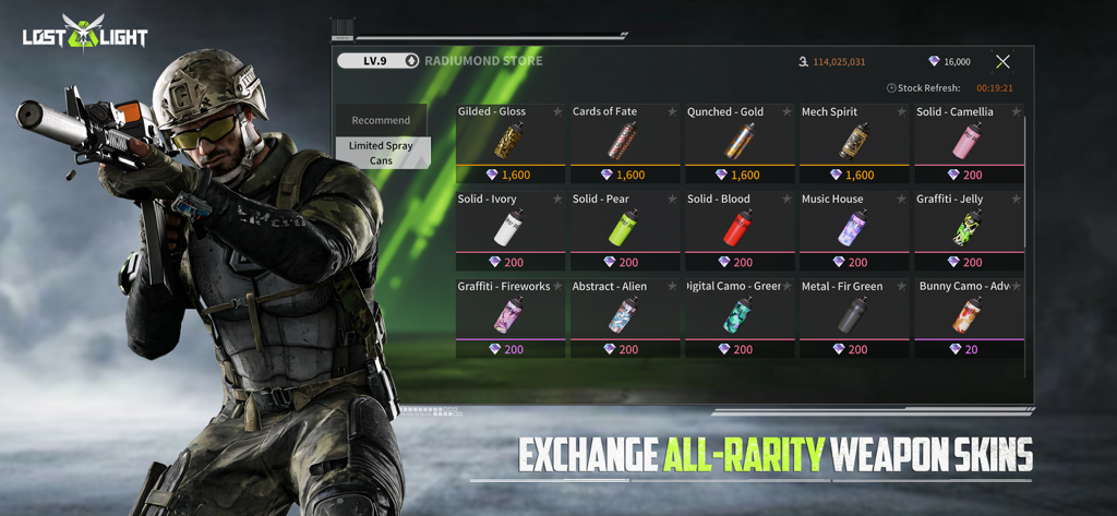 Lost Light: Weapon Skin Treat - Soldato tattico che sfoglia bombolette spray per skin di armi nel menu Negozio Radiumond di Lost Light