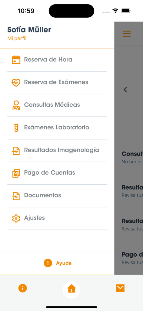 Mi Dávila - Menu latéral de l'application mobile Mi Davila montrant les options pour prendre rendez-vous, consulter les examens et vérifier les résultats médicaux