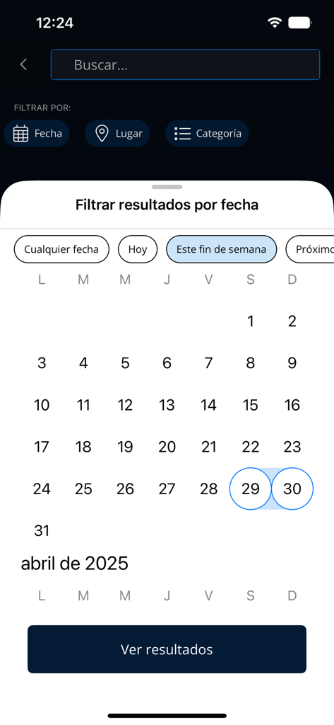 tickantel - Interface calendrier dans l'application Tickantel affichant les options pour filtrer les résultats d'événements par dates spécifiques