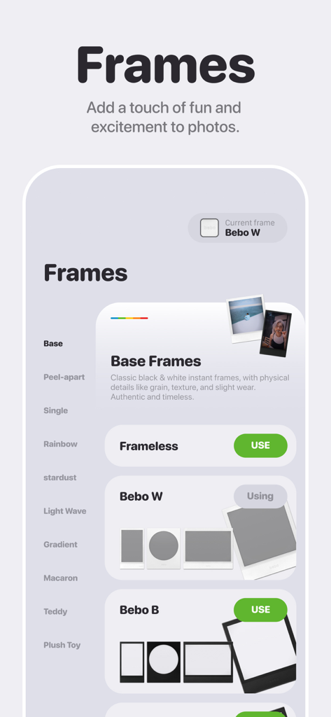 Bebo Cam:Retro Instant Camera - Interfaccia Bebo Cam che mostra una varietà di cornici per pellicole istantanee retrò per le foto.