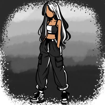 girl in baggy pants crop top and long hair