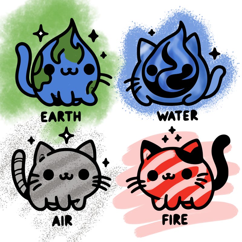 4 cats that represent the different elements, earth, water, air, and fire