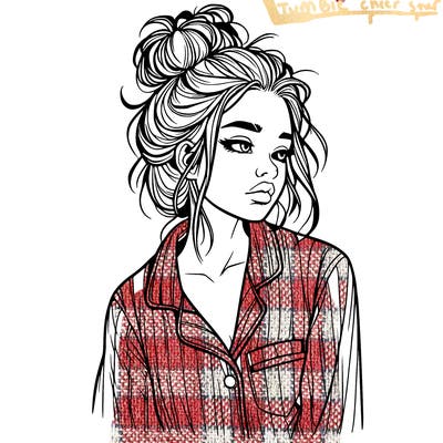 realistic woman with pajamas on and a messy bun
