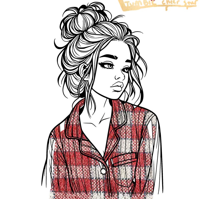 realistic woman with pajamas on and a messy bun