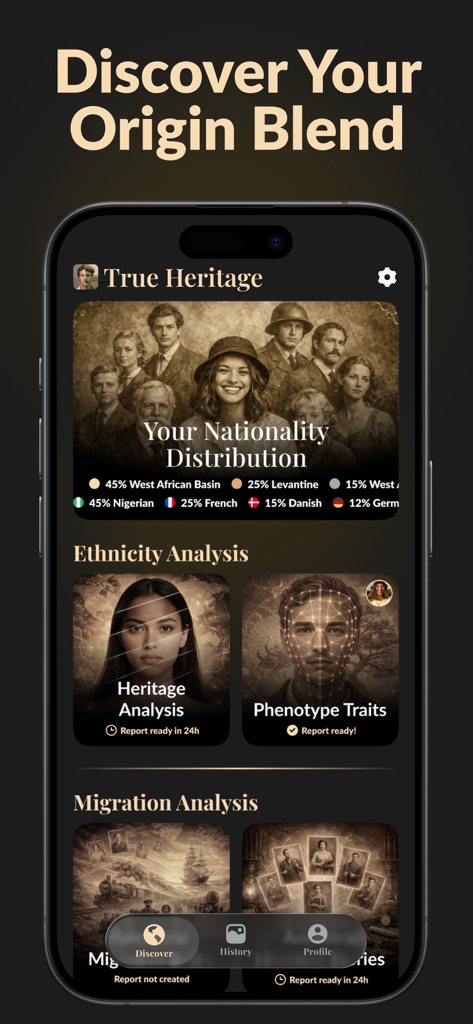 Tableau de bord de l'application True Heritage affichant la distribution des nationalités et les rapports d'analyse d'ethnicité