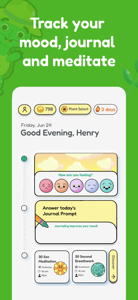 MindGarden app dashboard showing mood selection journal prompt and quick meditation exercises