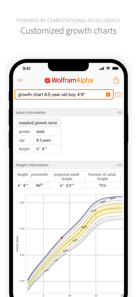 WolframAlpha Classic - Customized child growth chart showing height percentiles and projections in WolframAlpha Classic