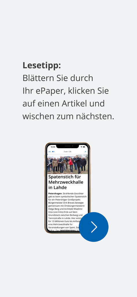 Aplicación ePaper de Mindener Tageblatt mostrando un artículo de noticias local en un smartphone