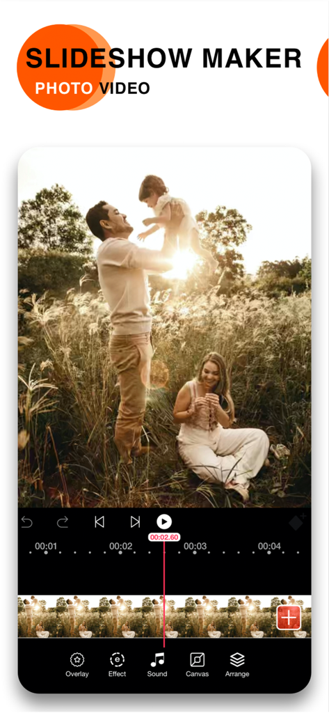 Mobile app interface of Vidanimate showing a family slideshow being edited with tools for sound and effects