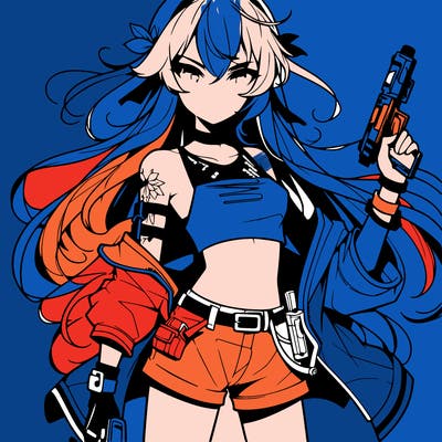 bad girl wearing crop top holding a gun long hair anime